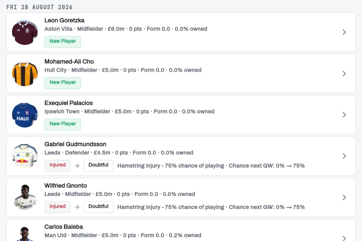 Player Updates feed with new-player and injury-status badges